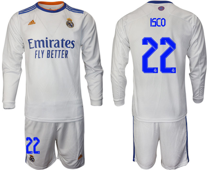 Men 2021-2022 Club Real Madrid home white Long Sleeve #22 Soccer Jersey
